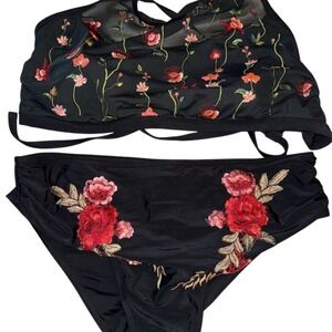Womens 2 piece Plus 26 Black Floral 3X Embroidery Bikini Set 2 Piece Xhilaration